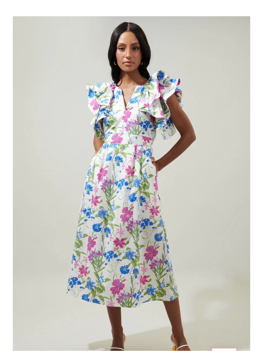 Sugarlips White Midi Dress with Pink & Blue Floral Print